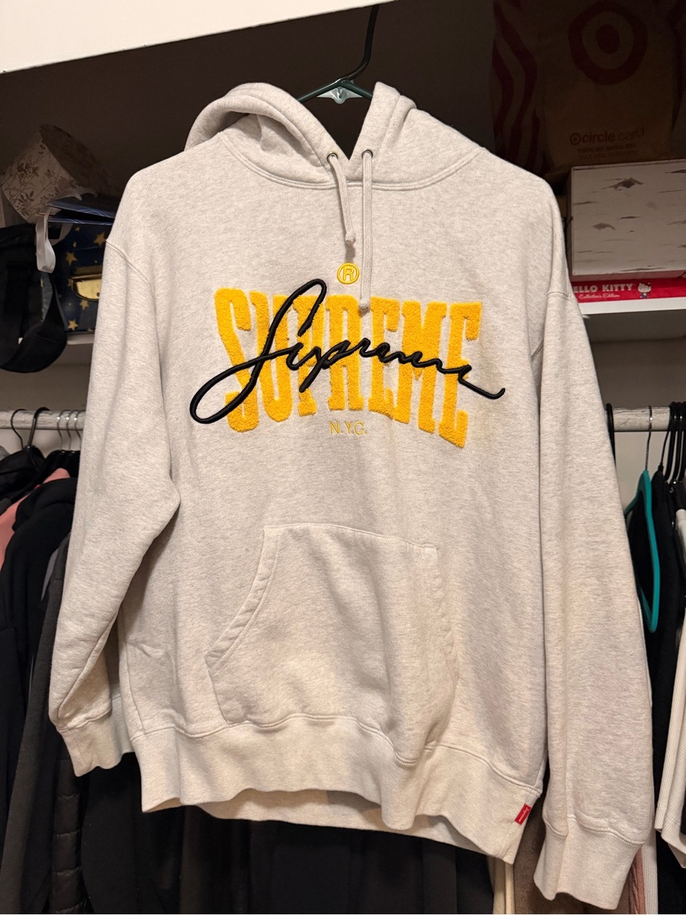 Supreme Cream Crewneck Sweatshirt with Yellow and Black Logo